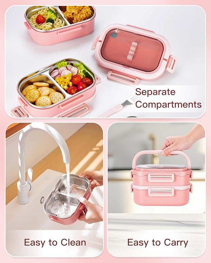 Lille Home Stackable Lunch Box, 2 Tier Stainless Steel Bento Lunch Box, 56oz Large Capacity Leakproof Lunch Containers, 4-Compartment Lunch Box with Utensils for Meal Prep, Work, Picnic(Pink)