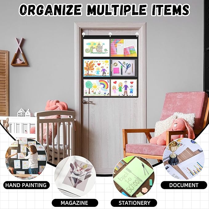 MotiMind 4 Pcs 6 Pockets Black Classroom Chart with Large Pockets 28.3 x 24.4 in, A4 Classroom Schedule Pocket Chart for Cards, Drawing, Pictures, Homework, Teacher Office Activities