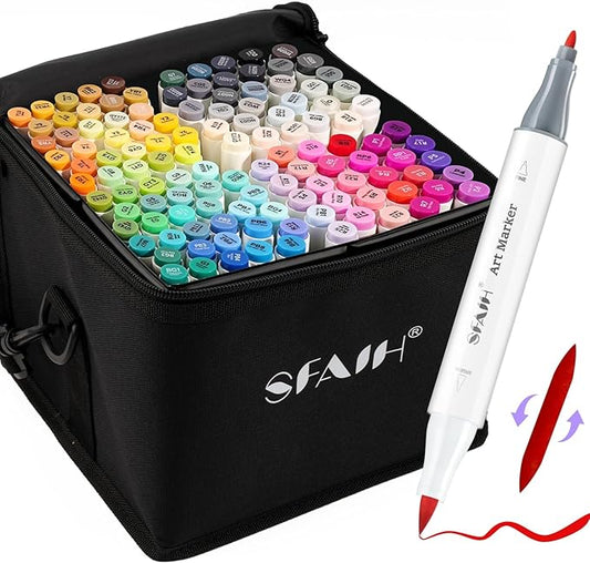 SFAIH Alcohol Markers Brush & Fine - 121 Colors Double Tipped Art Markers for Adult Coloring Illustration, Gifts for Artist Adult - Adjustable Shoulder Strap & Faux Leather Lining & Outer Zip Pocket