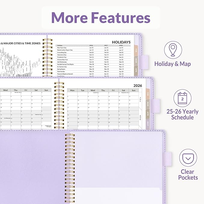 SUNEE 2026 Weekly & Monthly Planner 6.4"x8.5"- 12 Month (January 2026 - December 2026), Vegan Leather Cover, Pocket, Bookmark, Notes, Monthly Tab, Purple