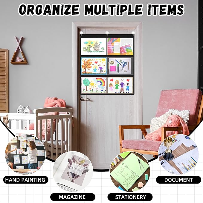 MotiMind 1 Pcs 6 Pockets Black Classroom Chart with Large Pockets 28.3 x 24.4 in, A4 Classroom Schedule Pocket Chart for Cards, Drawing, Pictures, Homework, Teacher Office Activities