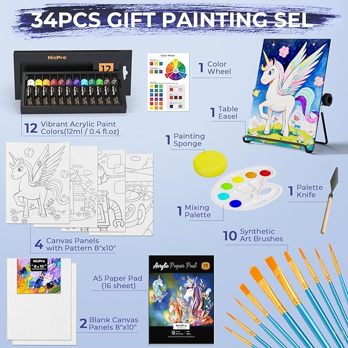 Nicpro 34PCS Kids Painting Set with Pattern Canvas, Art Painting Supplies Kit with 12 Acrylic Paints,10 Brushes,6 Canvas Panels,Table Easel,Paper Pad,Color Wheel,Palette for Beginner Students