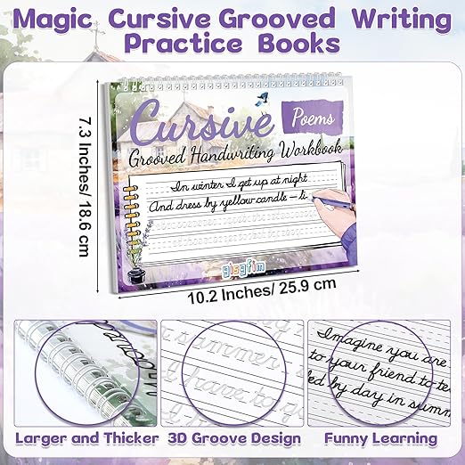 gisgfim Grooved Cursive Handwriting Workbook Magic Reusable Grooved Cursive Handwriting Practice Guided Tracing with Disappearing Ink Pens for Beginners Kids Learning Activities Supplies (Poems)