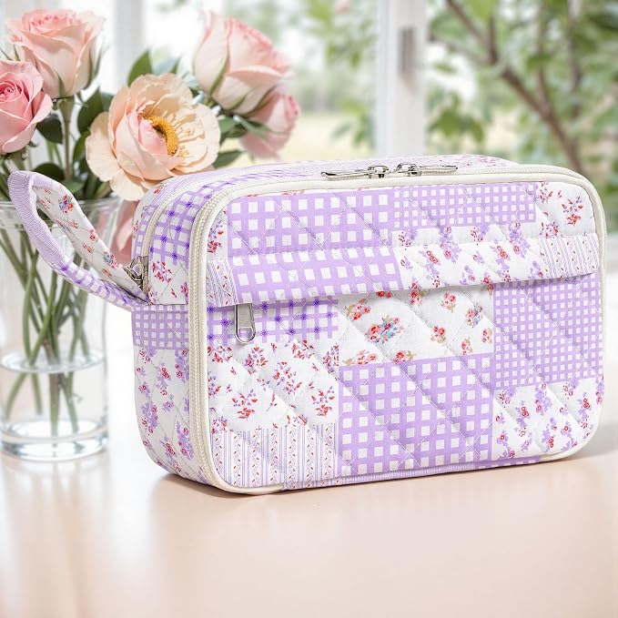 WOBAGMEN Quilted Pencil Pouch for Women, Large Capacity Pencil Case with Compartments, Cute Aesthetic Pencil Organizer, Floral Stationery Pouch（Purple Patchwork）