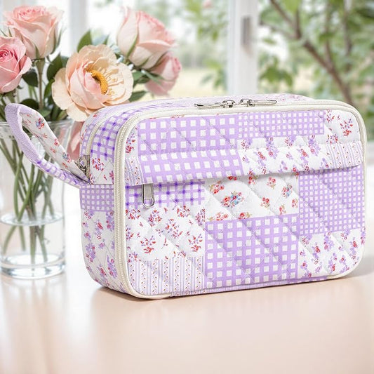 WOBAGMEN Quilted Pencil Pouch for Women, Large Capacity Pencil Case with Compartments, Cute Aesthetic Pencil Organizer, Floral Stationery Pouch（Purple Patchwork）