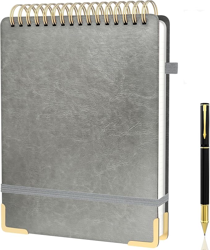 A4 Top Spiral Notebook, Large Leather Hardcover Top Bound Steno Pads, 240 Pages 100 gsm Thick Lined Paper Left Handed Notebook Journal for Work, School, Meeting Writing - Gray, 8.5" x 11"