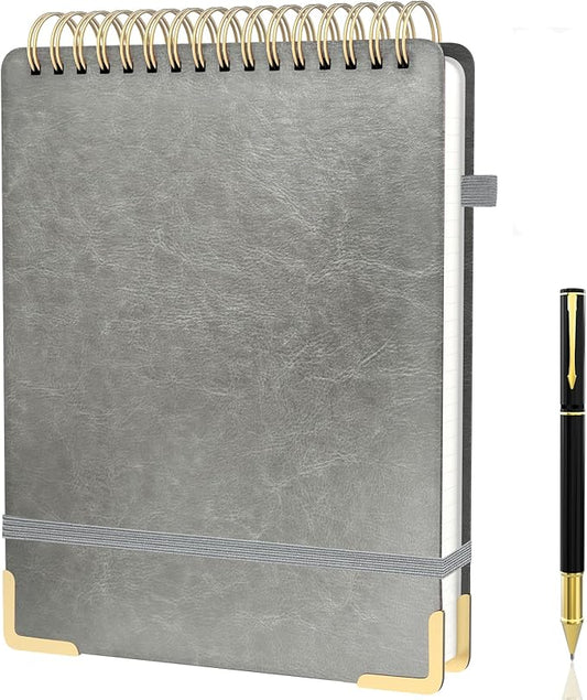 A4 Top Spiral Notebook, Large Leather Hardcover Top Bound Steno Pads, 240 Pages 100 gsm Thick Lined Paper Left Handed Notebook Journal for Work, School, Meeting Writing - Gray, 8.5" x 11"