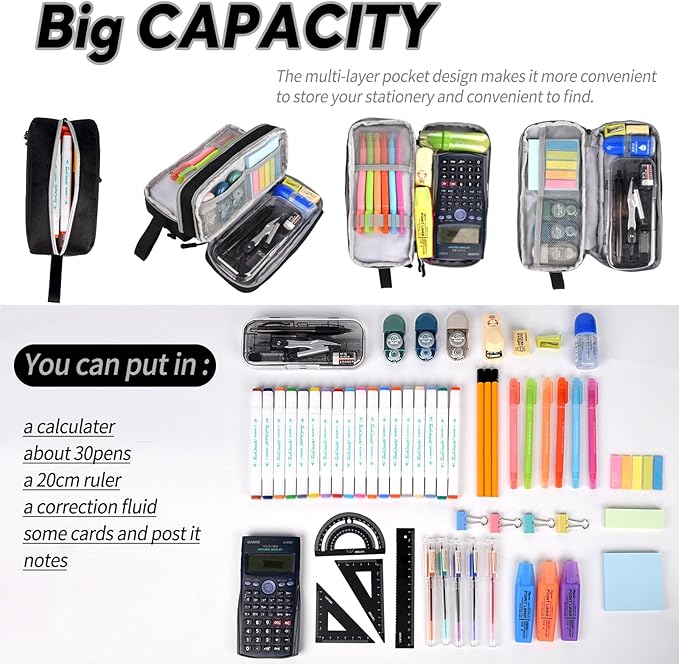 Genteen Large Capacity Pencil Case,Multifunction Pencil Pouch,Pencil Bags with Zipper 3 Compartments Pencil case organizer for or School Teen Girl Boy Men Women（Black）