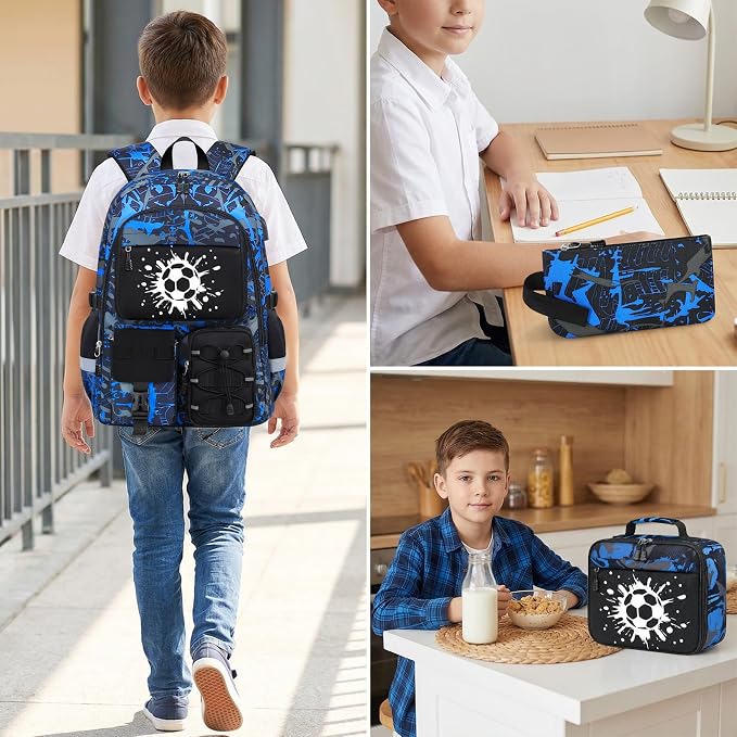 School Backpack for Boys - 4pcs Gamer Boys Backpack with Lunch Box Set for Kids Teens Elementary Middle High School,18″ Large Capacity Students Bookbag with Usb Charging Port & Key-chain