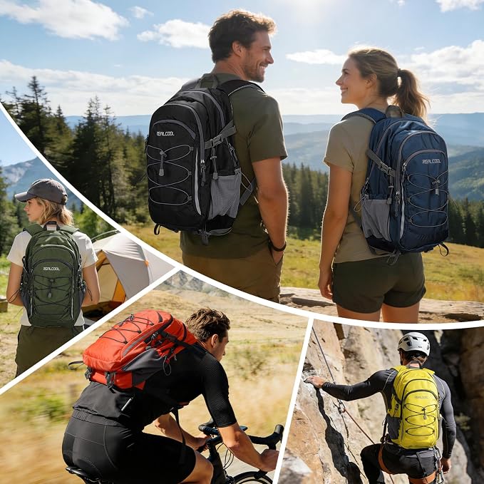 RealCool 30L Lightweight Hiking Backpack, Waterproof Daypack for Camping | 210D tear-resistant nylon, breathable shoulder and back panel, Multi-Compartment,hydration system,reflective strip,bungee net