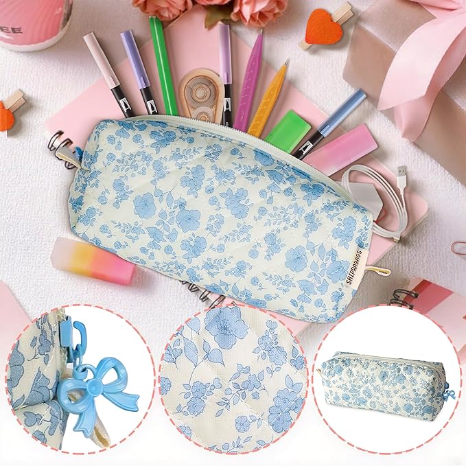 Cute Quilted Pencil Case for Girls Women, Aesthetic Small Floral Pencil Pouch,Slim Soft Pencil Bag for School Supplies Makeup Pouch for School & Daily Use (blue floral)