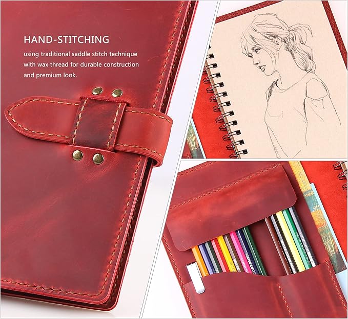 Robrasim Handmade Leather Sketchbook Cover, Leather Artist Sketch Pad Cover for 5.5" x 8.5" Sketchbook, Drawing Book and Pencil Case, Journal Notebook Portfolio, Artis Gifts-Wine