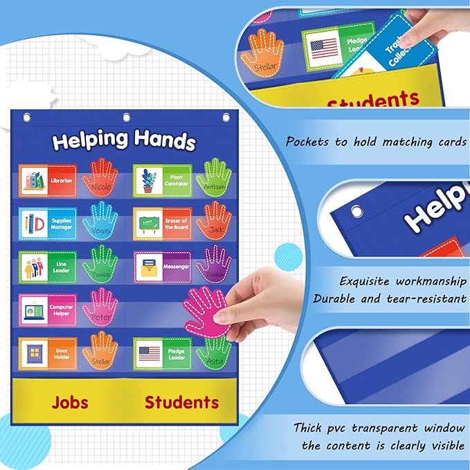 ABCxGOOD Helping Hands Pocket Chart,Classroom Jobs and Management Pocket Chart, Preschool Classroom Must Haves Supplies, Great for Classroom Homeschool. (Blue, 29"*20.5")