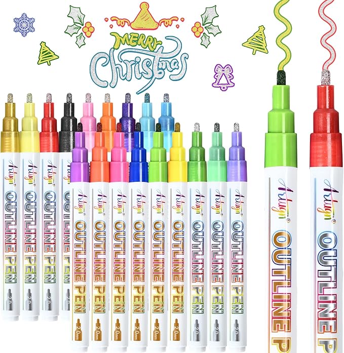 Artugn Double Line Markers, 18 Metallic Outline Pens, Silver & Gold