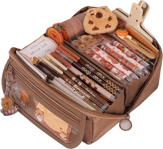 Pencil Case Pouch Box Cute Kawaii Large Capacity Aesthetic Zipper Pen Holder Organizer Bag for Kids (Z-Brown)