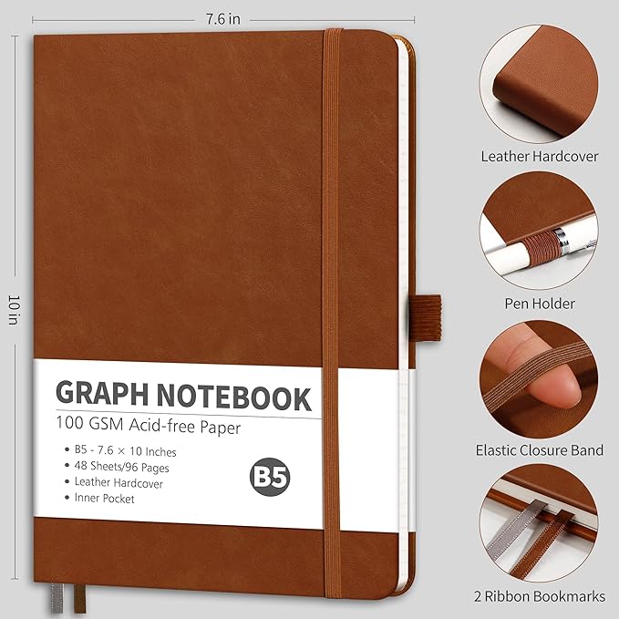 RETTACY Graph Grid Paper Notebook, 96 Pages, B5 Medium Size (7.6'' x 10''), 5 Squares per Inch, Leather Hardcover, 100 GSM Thick Paper, for School, Students, Math, Engineering (Brown)