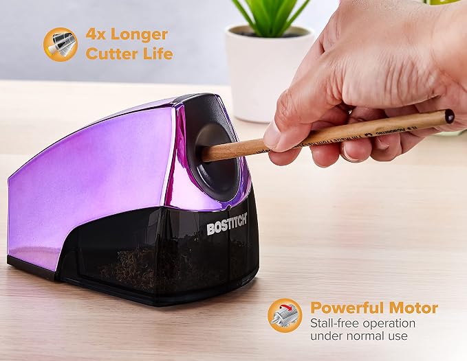 Bostitch Office Electric Pencil Sharpener for Classroom & Desk Use, Heavy-Duty Stall-Free Motor, High-Capacity Shavings Tray, Metallic Purple (Pack of 6)