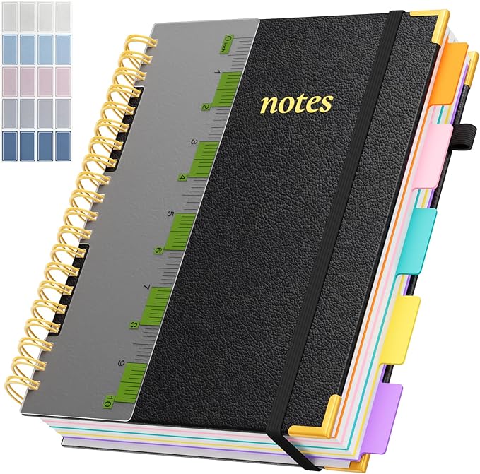 XYark A4 Hardcover Spiral Notebook, 8.5"x11" College Ruled Notebooks with Removable Dividers Tabs & Ruler, 5 Subject Notebook 300 Pages, Large Lined Journal for Women Men School Work Office, Black