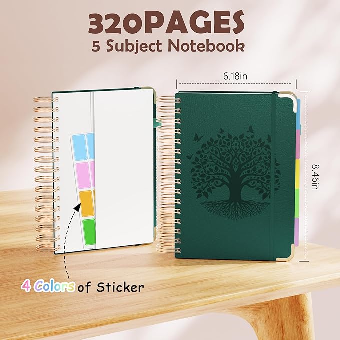 Hardcover Spiral Notebook, A5 Journal with Removable Dividers Tabs, 5 Subject Notebook College Ruled, 320 Pages 6"x8" Leather Notebooks for Work School Study, Lined Journal for Women, Drak Green