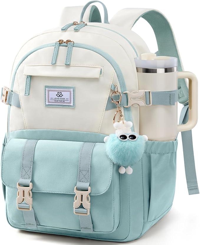 LOVEVOOK School Backpack for Teen Girls, Bookbag for 8-16 Student, Middle High College Back to School Cute Kids Backpack, 15.6 Inch, Mint Green-beige