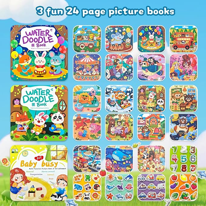 NaTuGi Reusable Magic Water Painting Books for Kids,Coloring Books for Toddler,Busy Book,3 Themes,No Mess Paint Coloring,for Ages 3+,Gift for Boys & Girls Travel Activity Toys (3 Books)