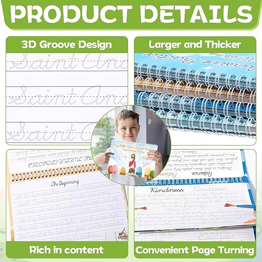 gisgfim Bible Magic Grooved Writing Practice Books for Kids Reusable Grooved Handwriting Workbooks for Kids Ages 3-8 Tracing Bible Magic Copybooks for Christian Sunday School Gifts Prizes（Cursive）