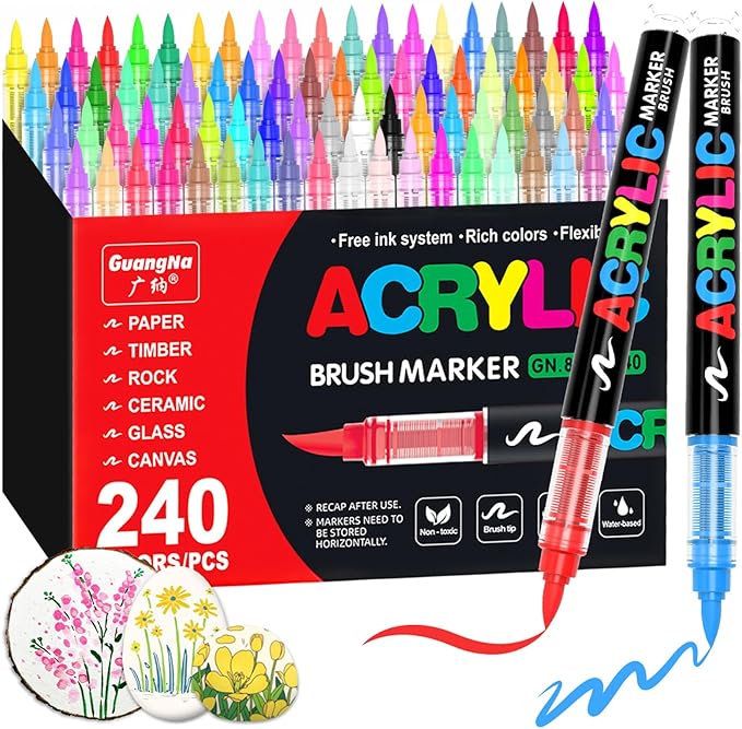 Guangna Acrylic Paint Markers,240 Colors with Direct-Liquid Ink Control System, Professional-Grade Paint Pen for Rock Painting, Canvas, Glass, Plastic, Fabric & Creative Crafts