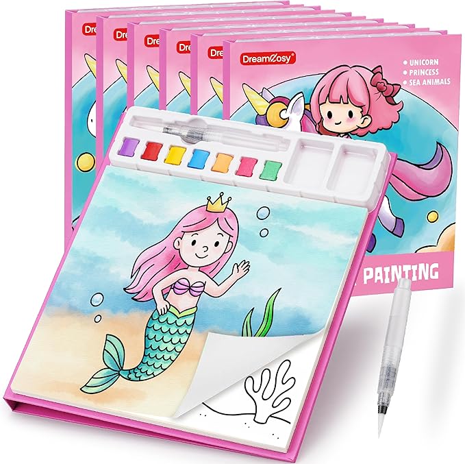 DreamCosy 6 Pack Paint with Water Coloring Books for Toddles, Water Painting Kit with Brush, Mess-Free Arts Crafts, Drawing Activities, Christmas Gift, Toy Gift for Girls Boys, Preschool, Homeschool