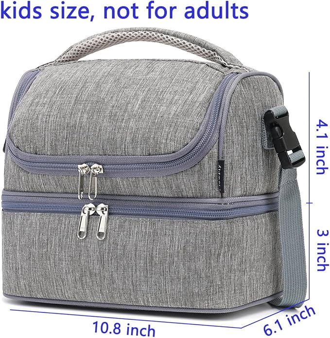 FlowFly Double Decker Cooler Insulated Lunch Bag Large Tote for Boys, Girls, Men, Women, With Adjustable Strap (Grey)