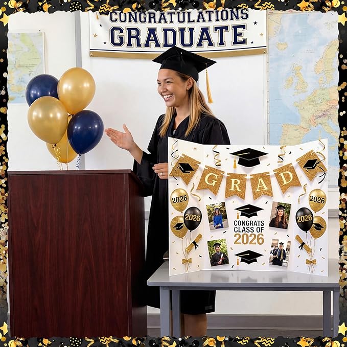Eaasty 4 Pack Graduation Photo Display Board Decoration 48 X36 Inch Trifold Poster Board with Banners Large Trifold Picture Display for Table Decor Class of 2026 Grad Party Collage Frame Supplies