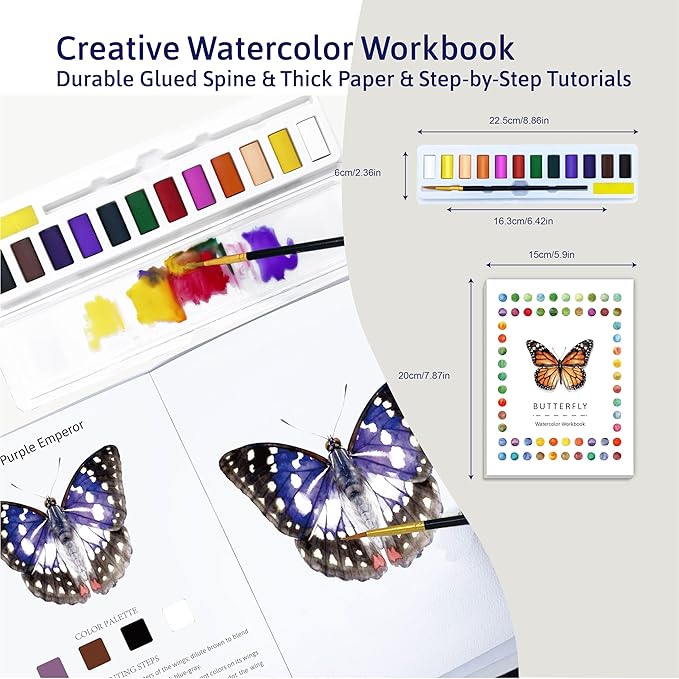 CraftyManor Watercolor Workbook Creative Insect Water color Paint Book Set with Paints & Brush, 12 Patterns of Original DIY Designs, Beginner-Friendly Adult Coloring Books (Butterfly)