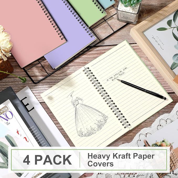 Yahenda 4 Pcs Spiral Notebooks, 1 Subject, Wide Ruled, Pastel Colors