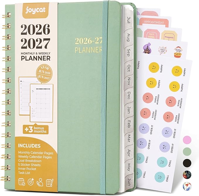 JoyCat 13-Month Academic Planner 2026-2027, June 2026 - June 2027, A5 Weekly & Monthly Planner, Hardcover Agenda with Tabs, 5 Sticker Sheets, Elastic Closure & Pocket for Teachers & Students, 6.3" x 8.5", Green