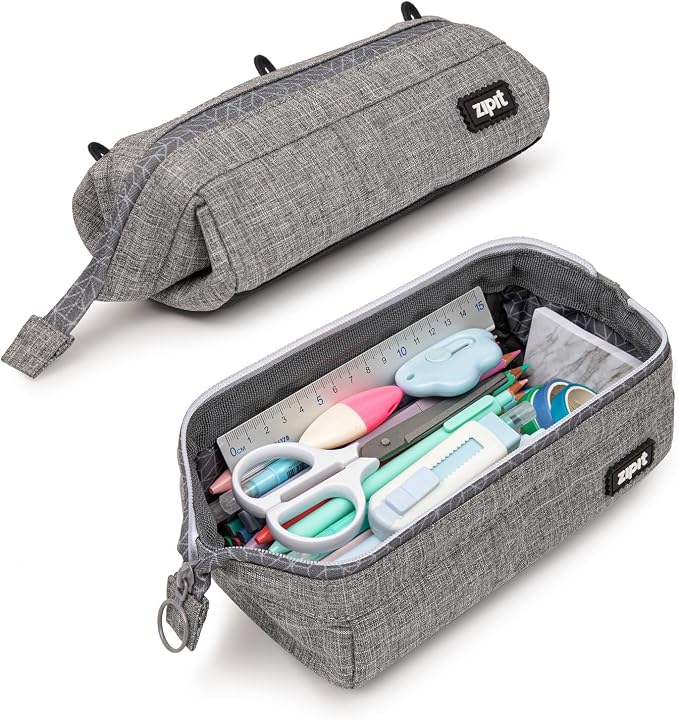 ZIPIT Lenny Pencil Case, Wide-Opening Zipper Pouch for Girls and Boys, Grey | Aesthetic pouch for school, machine washable, colorful lining, holds 55 pens & pencils, doubles as a makeup case for travel