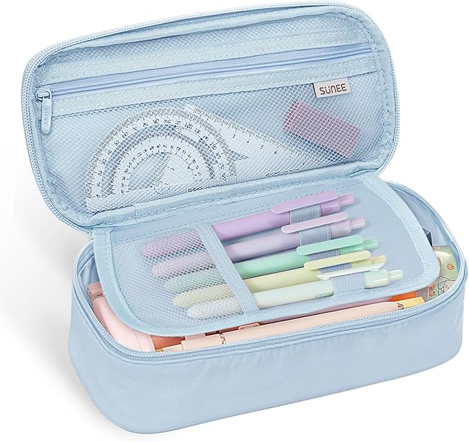 SUNEE Cute Pencil Case, Large Capacity Pencil Pouch, Big Storage Organizer for Stationery, Zipper Pen Bag,Back to School Supplies,Office Water-Repellent Nylon Pencil Bag for Teen Girls Boys,Light Blue