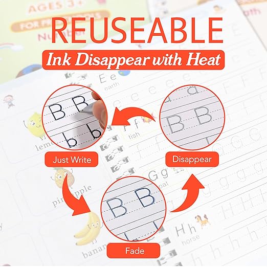 Reusable Magic Practice Copybook for Child Education, Alphabet Number Math Drawing Practice Book (Pack of 4) - Letter Tracing Book for Teaching Handwriting to Kids - with Pens and Handwriting Grip