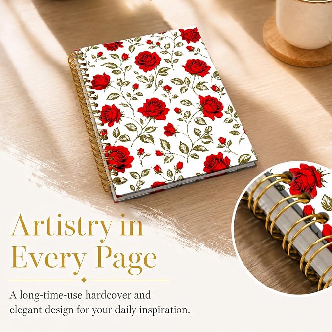ATJFKIXL Cute Spiral Journal Notebook, A5 120 Page College Ruled Wirebound Notebook, Soft Cover for Students Office Notes and Planning - Red Rose Floral