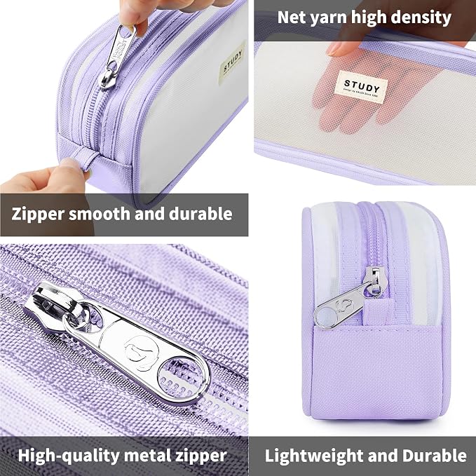 Grid Mesh Pencil Case Pouch Large Capacity Pencil Bag with Zipper | Big Pencil Pouch Purple Simple Stationery Bag Aesthetic Pen Bag for School Teen Girl Multi-Purpose Bag for Office Men Women