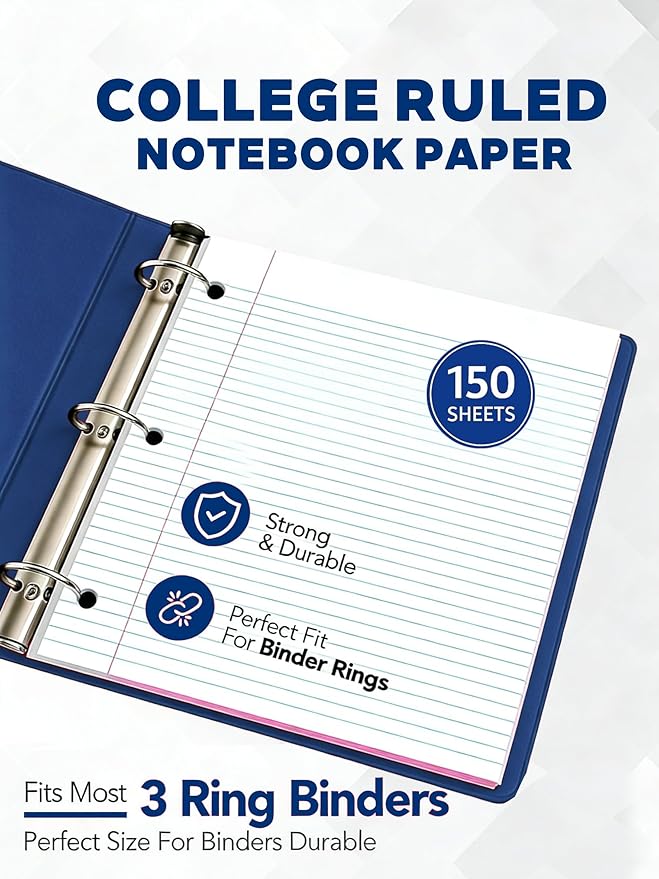 Notebook Paper USA-Made Loose Leaf Paper, 24 Pack 3600 Sheets 8"x10.5" College Ruled - 3-Hole Punched Bulk Filler Paper for 3-Ring Binder, 150 Sheets/Pack, Wholesale Available