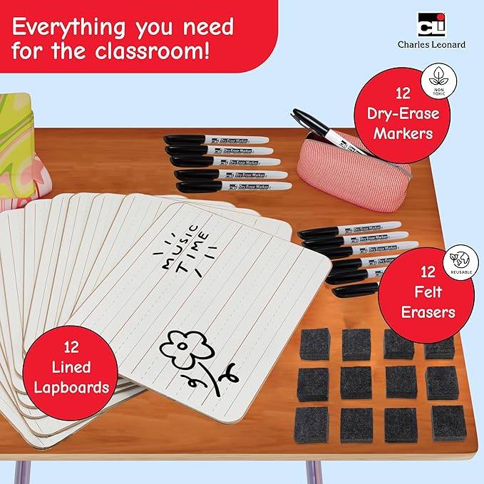 Charles Leonard Dry Erase Board Classroom Pack - Mini Lapboard School Supplies - Includes 12 Each One-Sided Lined Erasable White Boards, 2 Inch Felt Erasers and Black Dry Erase Markers (35025)