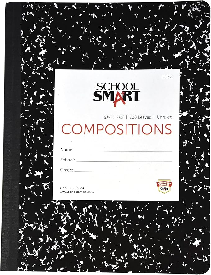 School Smart Hard Cover Composition Book, Unruled, 9-3/4 x 7-1/2 Inches, 100 sheets