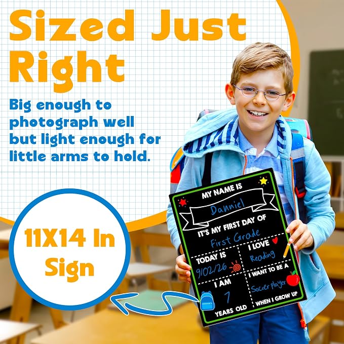 First Day of School Chalkboard, 14 x 11 in Paper Preschool Signs for Kids | Reusable Back to School Sign, Double Sided First Day of School Board, Easy Clean Blank Writing Board for Pre-k