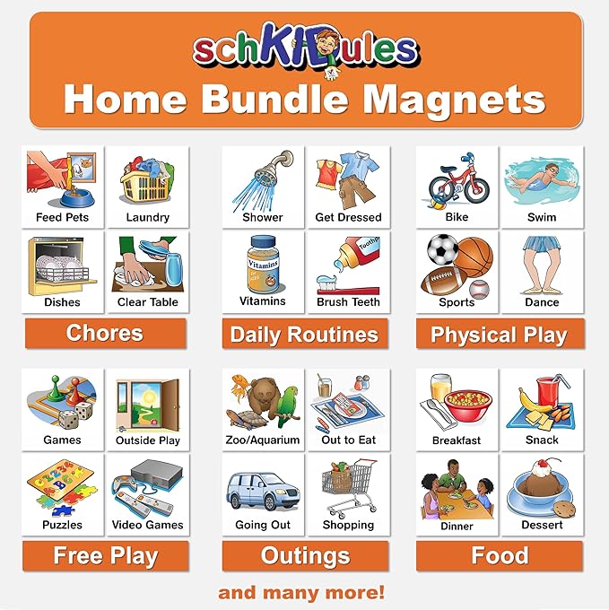 SchKIDules 2-Sided Magnetic Visual Schedule for Kids (Home Bundle) | Daily Routines, Chore/Reward Charts, ADHD Help | Includes 18” Folding Reversible Board, 129 Magnets & Dry Erase Marker