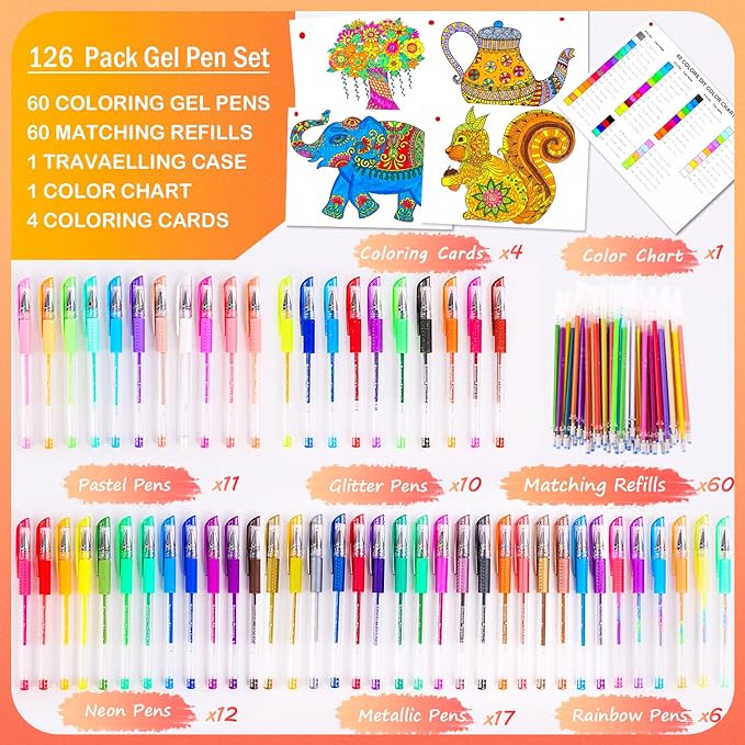 Soucolor Gel Pens for Adult Coloring Books, Deluxe 120 Pack-60 Colored Gel Pens, 60 Refills, with 40% More Ink, Art Markers Set, Black Case for Drawing Journaling Scrapbooking Art Kit Supplies
