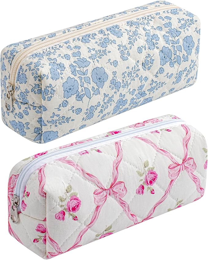 Cute Floral Cotton Makeup Brush Cosmetic Bag for Women, Travel Quilted Zipper Make Up Bag, Flowers Toiletry Organizer Case Kawaii Makeup Cosmetic Travel Cloth Pouch (Blue+Pink Bowknot)