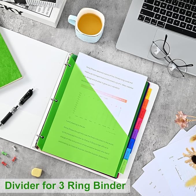 8-Tab Binder Dividers - Index Pockets Divider for 3 Ring Binders, 3-Hole Plastics Sheets Protectors for US Letter Size in 0.5'', 1'', 2'', 3 inch Binders, 8 Colors (XY004) (24 Packs)
