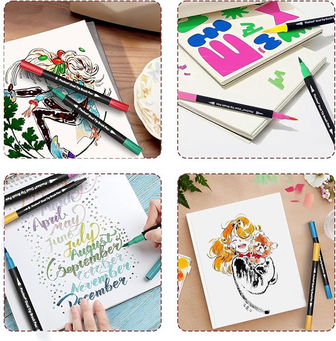 Piochoo Markers,48 Colors Dual Brush Markers Pens, Double Tip Colored Pen for Adult Coloring Books Art Suppliers for Bullet Journaling, Drawing