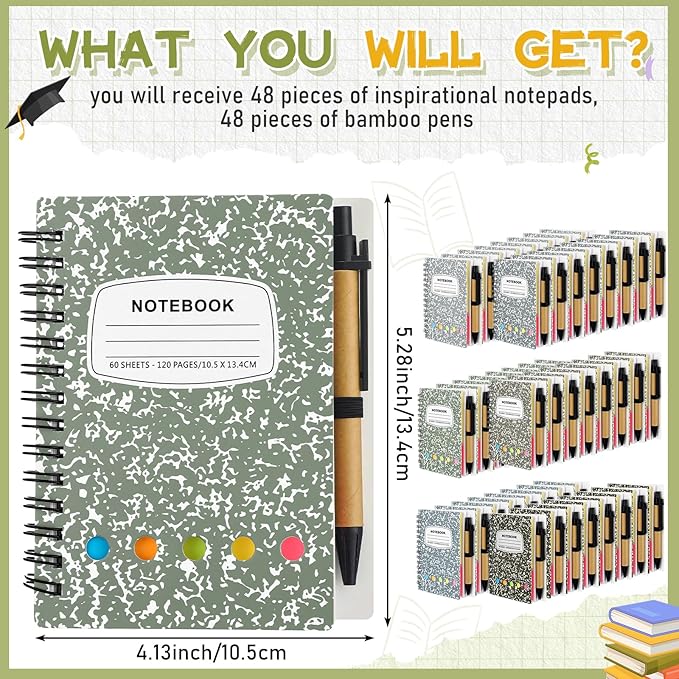 Dunzoom 24 Sets Spiral Notebook Bulk, Steno Pads Lined Notepad with Pen, Sticky Notes Colored Index Tabs, 5.2" x 4.1" Pocket Notebook for Home Business Office Supplies, 60 Sheets (Morandi)