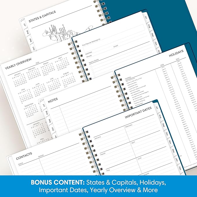 Blue Sky 2026-2027 Weekly and Monthly Academic Year Planner Calendar, July 2026 - June 2027, 5" x 8", Flexible Cover, Wirebound, Laminated Tabs, Bakah Blue