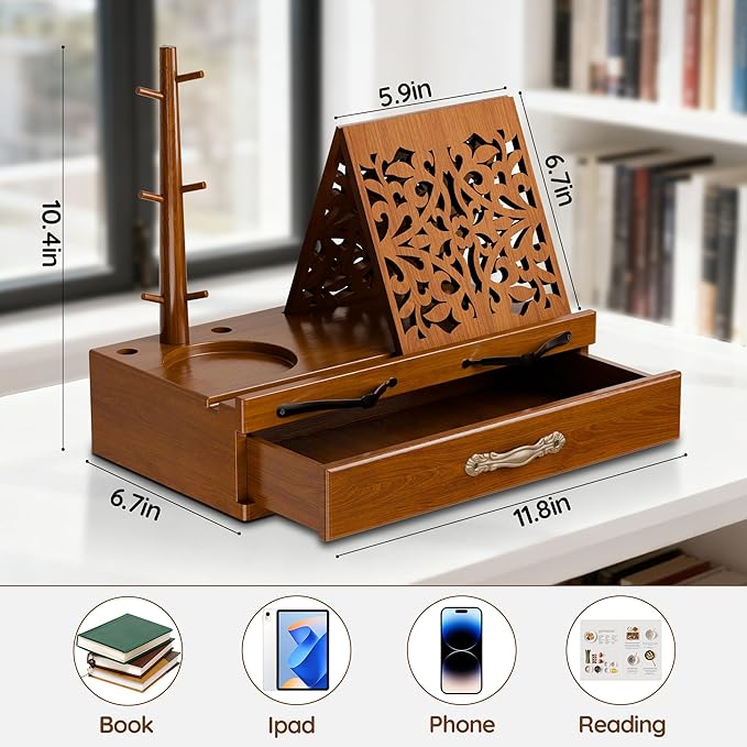 Adjustable Wooden Book Stand with Storage - Multi-Function Hands Free Book Holder for Books, Tablets & Recipes with Cup Slot, Pen Groove & Page Holder - Perfect Kitchen Counter & Gifts for Book Lovers